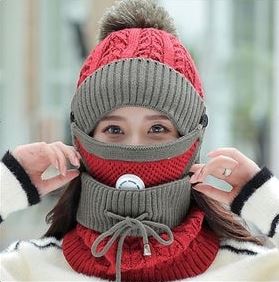 3PCS Knitted Hat Scarf Cap Breathable Mask Winter Warm Crochet Neck Knit Baggy Beanie Wool Skull Hat Ski Cap Scarf Beanie Scarf Bonnet Warm Hairball Baggy Hat Mask with Breathing valve