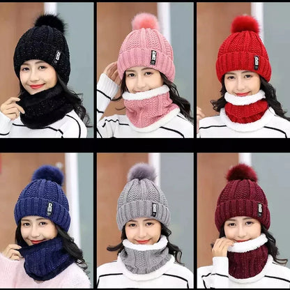 2 Pcs Branded Beanie Hat Scarf Set Women's Winter Warm Knitted With Fleece Lining