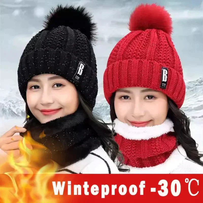2 Pcs Branded Beanie Hat Scarf Set Women's Winter Warm Knitted With Fleece Lining