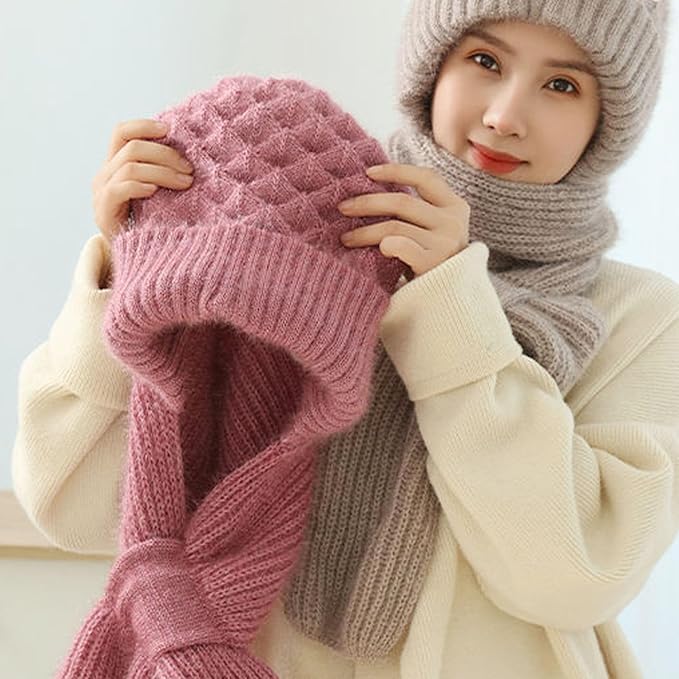 2 in 1 Knit Scarf Beanie Set Winter Stripes Cap Warm Knitted Hat Scarf Set Windproof Hats for Women