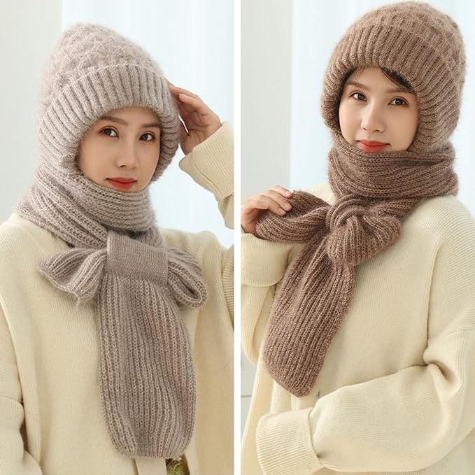 2 in 1 Knit Scarf Beanie Set Winter Stripes Cap Warm Knitted Hat Scarf Set Windproof Hats for Women