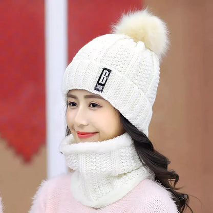 2 Pcs Branded Beanie Hat Scarf Set Women's Winter Warm Knitted With Fleece Lining