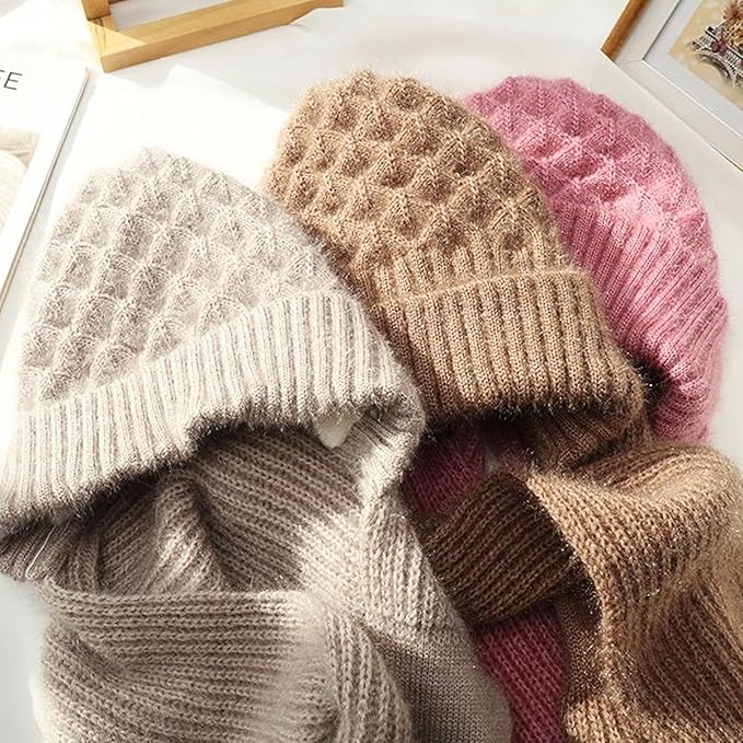 2 in 1 Knit Scarf Beanie Set Winter Stripes Cap Warm Knitted Hat Scarf Set Windproof Hats for Women