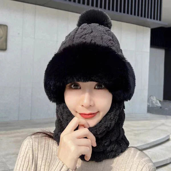 Womens Winter Plush Velvet Hats Thick Windproof Hooded Scarf Hat Neck Warmer