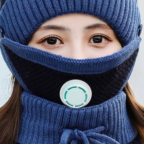 3PCS Knitted Hat Scarf Cap Breathable Mask Winter Warm Crochet Neck Knit Baggy Beanie Wool Skull Hat Ski Cap Scarf Beanie Scarf Bonnet Warm Hairball Baggy Hat Mask with Breathing valve
