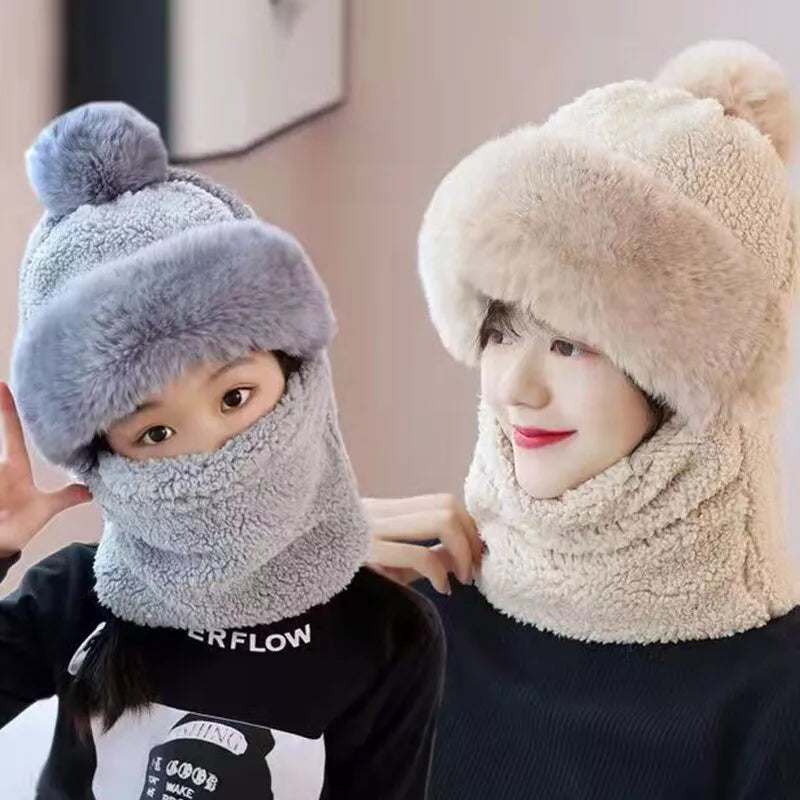 Womens Winter Plush Velvet Hats Thick Windproof Hooded Scarf Hat Neck Warmer