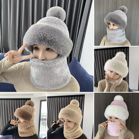 Womens Winter Plush Velvet Hats Thick Windproof Hooded Scarf Hat Neck Warmer
