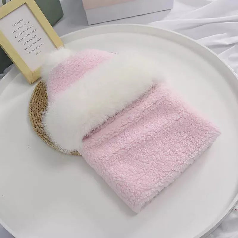 Womens Winter Plush Velvet Hats Thick Windproof Hooded Scarf Hat Neck Warmer