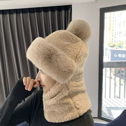 Womens Winter Plush Velvet Hats Thick Windproof Hooded Scarf Hat Neck Warmer