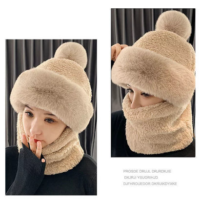 Womens Winter Plush Velvet Hats Thick Windproof Hooded Scarf Hat Neck Warmer