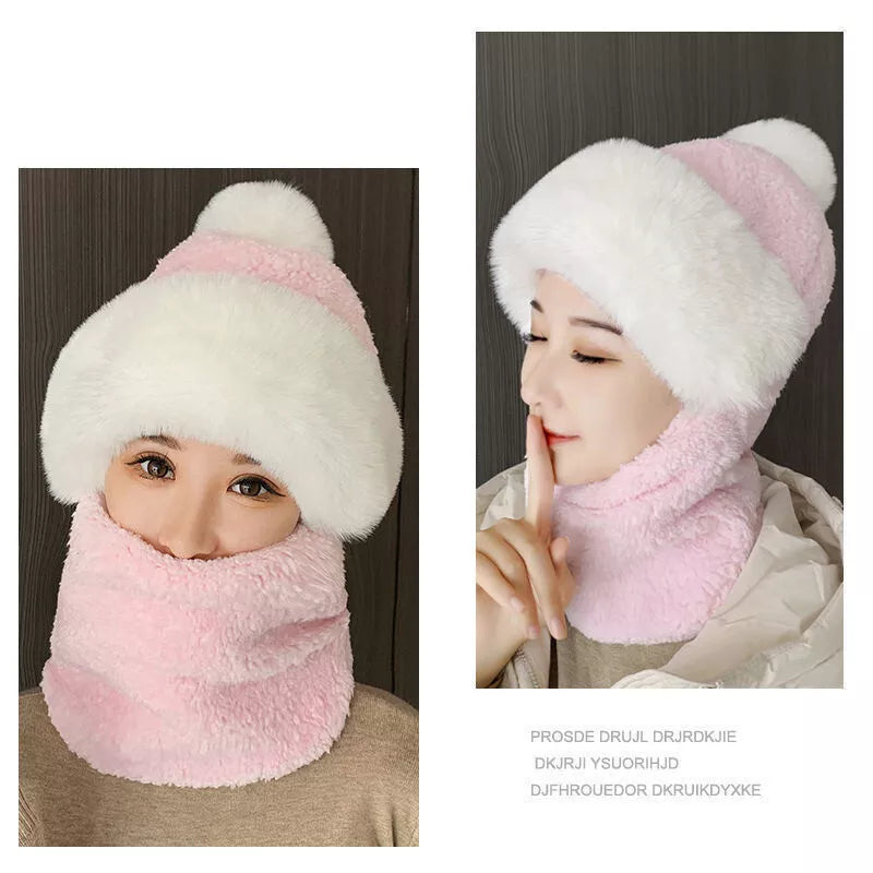 Womens Winter Plush Velvet Hats Thick Windproof Hooded Scarf Hat Neck Warmer