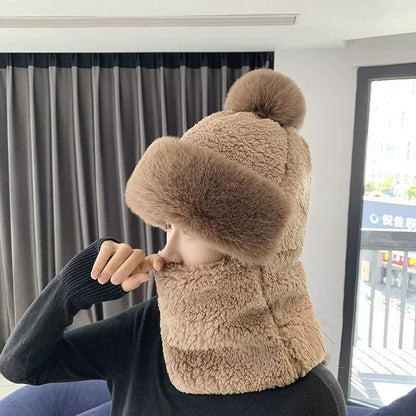 Womens Winter Plush Velvet Hats Thick Windproof Hooded Scarf Hat Neck Warmer