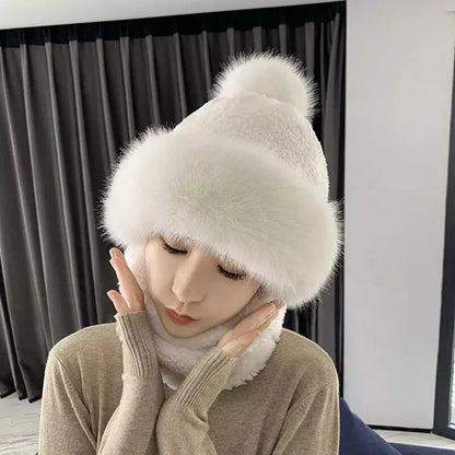 Womens Winter Plush Velvet Hats Thick Windproof Hooded Scarf Hat Neck Warmer
