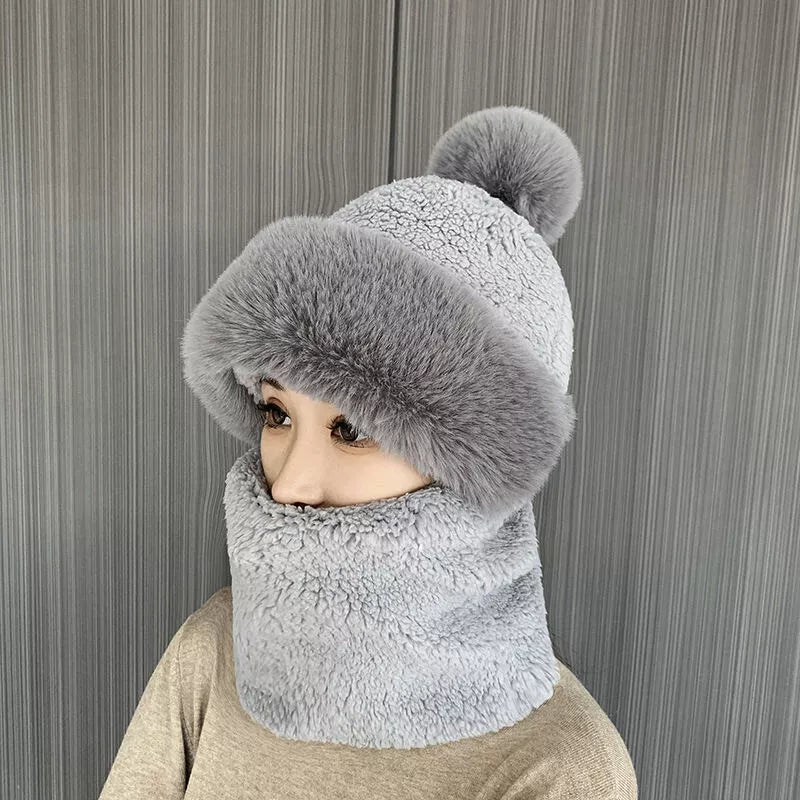 Womens Winter Plush Velvet Hats Thick Windproof Hooded Scarf Hat Neck Warmer