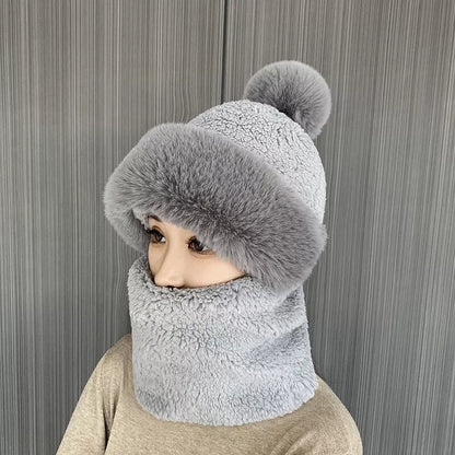Womens Winter Plush Velvet Hats Thick Windproof Hooded Scarf Hat Neck Warmer