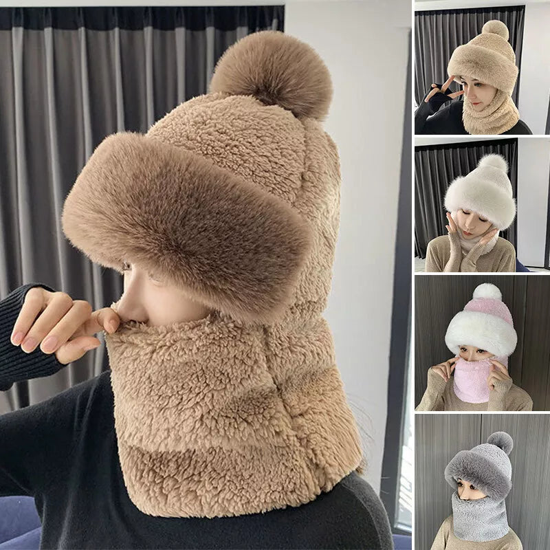 Womens Winter Plush Velvet Hats Thick Windproof Hooded Scarf Hat Neck Warmer